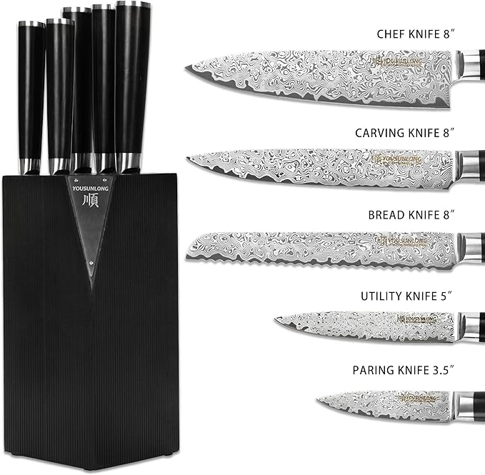 YOUSUNLONG Kitchen Knife Set - 5 Piece Knife Set With Natural Fraxinus Americana Wood Knife Holder - Ultra Sharp High Carbon Japanese Damascus Steel Blade - Natural Ebony Handle