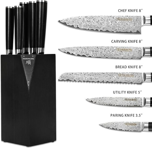 YOUSUNLONG Kitchen Knife Set - 5 Piece Knife Set With Natural Fraxinus Americana Wood Knife Holder - Ultra Sharp High Carbon Japanese Damascus Steel Blade - Natural Ebony Handle