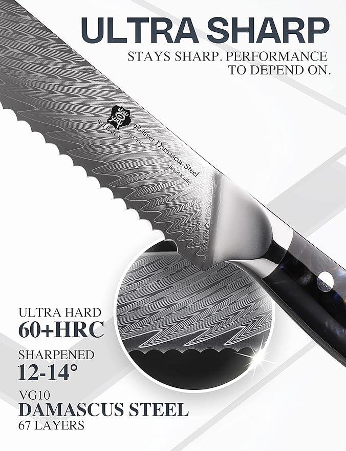 WILDMOK Damascus Serrated Steel Bread Knife, 8 inches Serrated Bread Knife, Ergonomic Full Tang Resin Handle, Razor Sharp Beautiful Damascus steel feather pattern with Luxury Gift Box