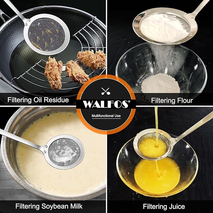 Walfos Fine Mesh Strainer and Fat Skimmer Spoon Set, Multipurpose Metal Strainers for Kitchen, Rice, Quinoa, Food, 304 Stainless Steel Fat Skimmer For Cooking, Fat, Grease, Floating Foam, 5 Pack