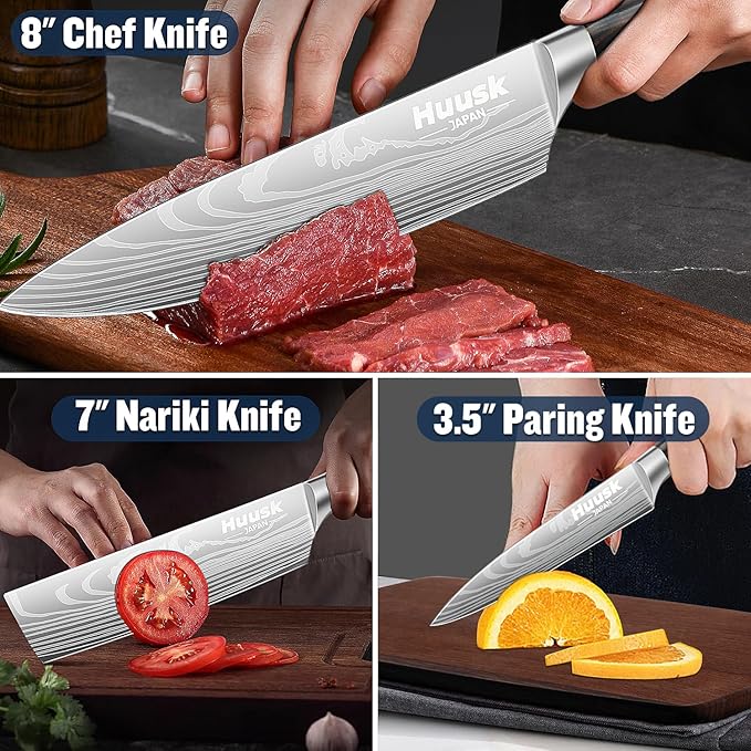 Huusk Chef Knife Set Japanese, Professional Kitchen Knife Set, Ultra Sharp Cooking Knives Sets with Wood Handle for Home, Outdoor Camping BBQ, Gift Idea Men