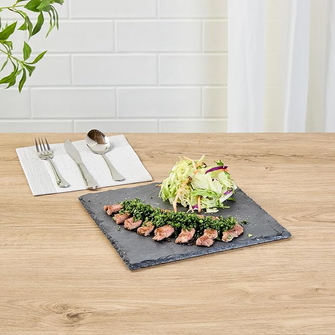 Restaurantware Slate Serving Trays 4 Pack of 10 x 10" Foam Feet Charcuterie Stone Plates Rustic Edges Freezable Black Square Serving Display Cheese Boards for Kitchen, Gourmet, Dining, Parties