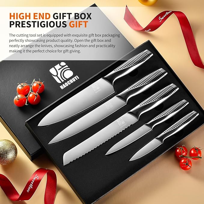 5-Piece Professional Chef Knife Set - Ultra-Sharp Kitchen Knives with Ergonomic steel handle, Ideal for Home, Outdoor, Camping, BBQ, and Gifts for Men