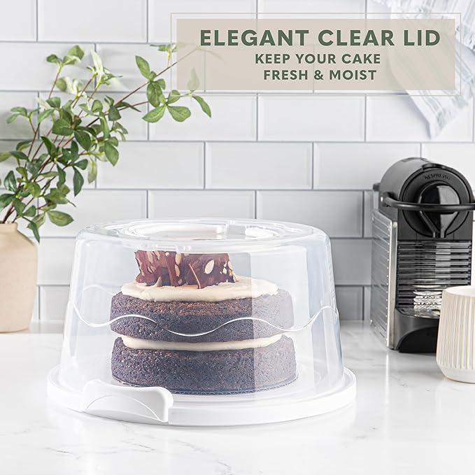 MosJos EXTRA LARGE Cake Carrier, Cake Stand with Lid and Foldable Handles - Multifunctional Serving Platter and Cake Plate - Cake Container with Dome and Strong Snaps 13 x 13 x 7 inch (White)