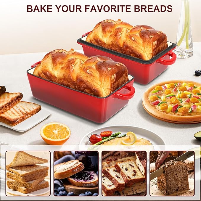 9x5 Inch Enameled Cast Iron Loaf Pan with Lid | 2 in 1 Homemade Sourdough Bread Baking Pan for Homemade Bread, Cake, Meatloaf | Durable 2 Piece Set, Red color
