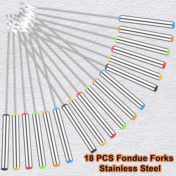 18 PCS Fondue Forks Stainless Steel,9.3 Inches Cheese Fondue Sticks with Heat Resistant Handle,Color Coding Fondue Fork Smores Sticks for Cheese Chocolate Roast Marshmallows Dessert Meat