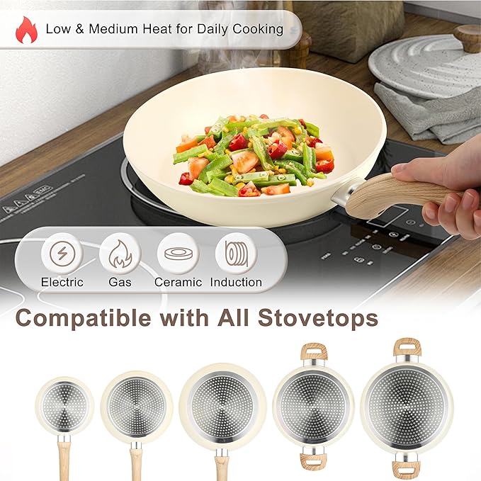 FAB&DELUXE Nonstick Cookware Set,11 Pcs Nonstick Pots and Pans, Aluminum Cooking Set with Lids & Wooden Handles, Non-Toxic Healthy Kitchen Cookware Sets, Silicone spoons & Spatulas, PFAS & PFOA Free