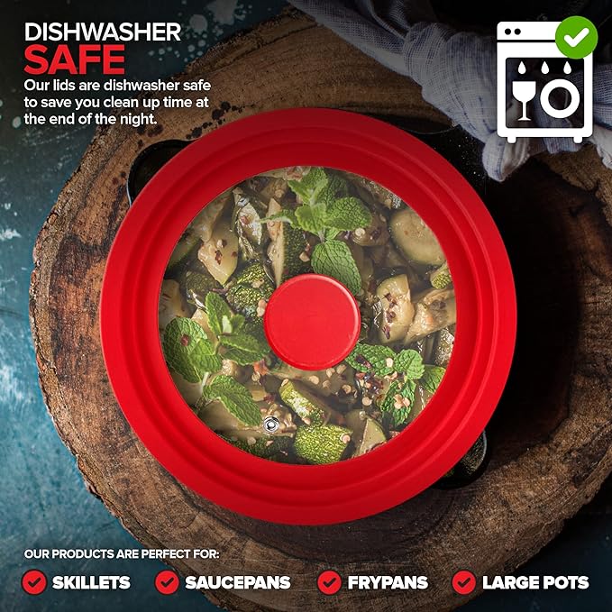 Modern Innovations Universal Lids (Set of 2) Fits 7 to 12-Inch Cookware, Silicone Replacement Pan Lid, Glass Top Covers for Skillets, Pots, Frying Pans, Cast Iron - Red