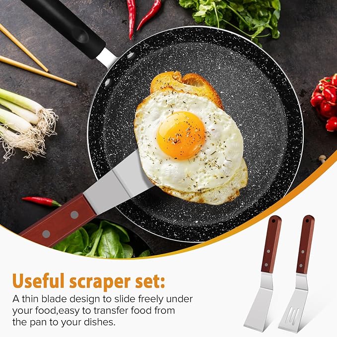 Small Metal Spatula Set for Cast Iron Skillet,Mini Wooden Spatulas for Kitchen Use,Thin Beveled Edge Stainless Steel Cookie Brownie Spatula Turner Server for Cake Egg Serving Cutting Flipping,2 Pcs