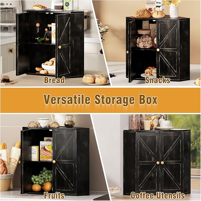 Corner Bread Box for Kitchen Counter Double Layer Bamboo Bread Storage Container Large Capacity Bread Storage Bin Farmhouse Breadbox Organizer (Antique Black)