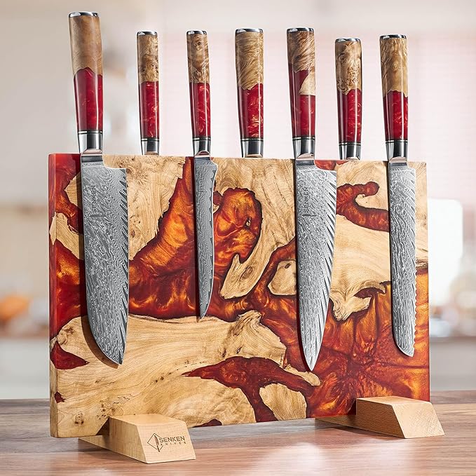 SENKEN "Red Tsunami" Extra Large Magnetic Knife Block - Holds Up to 16 Knives - Knife Block without Knives, Universal Knife Holder, Beautiful Red Resin & Natural Wood Blend ("Crimson" Red Resin Blend)