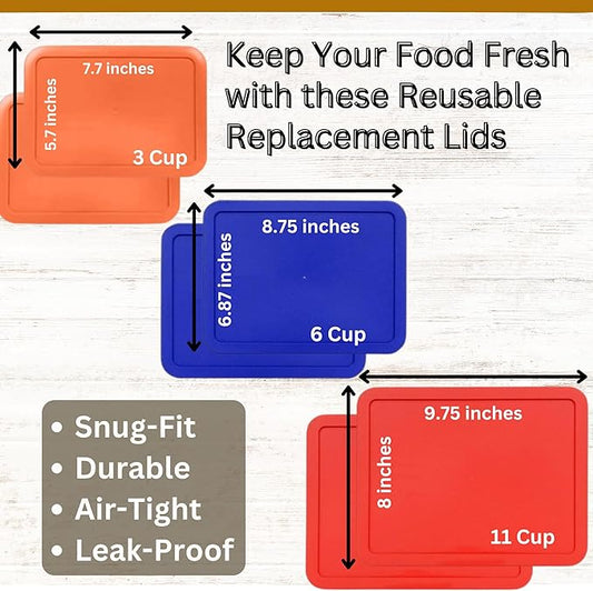 3, 6 & 11 Cup Orange, Blue, Red Replacement Lids/Covers for Pyrex, Anchor Hocking & KlareWare Storage Bowls *Lids Only Glass Container Not Included* (6 Pack *Two of Each Size*)