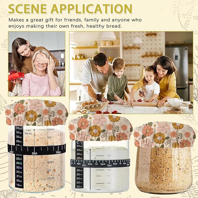 70s Retro Floral Flowers Sourdough Starter Jar Covers Reusable,Breathable Fabric Lids for Mason Jars,Wide Mouth and Regular Mouth(5 Pack)