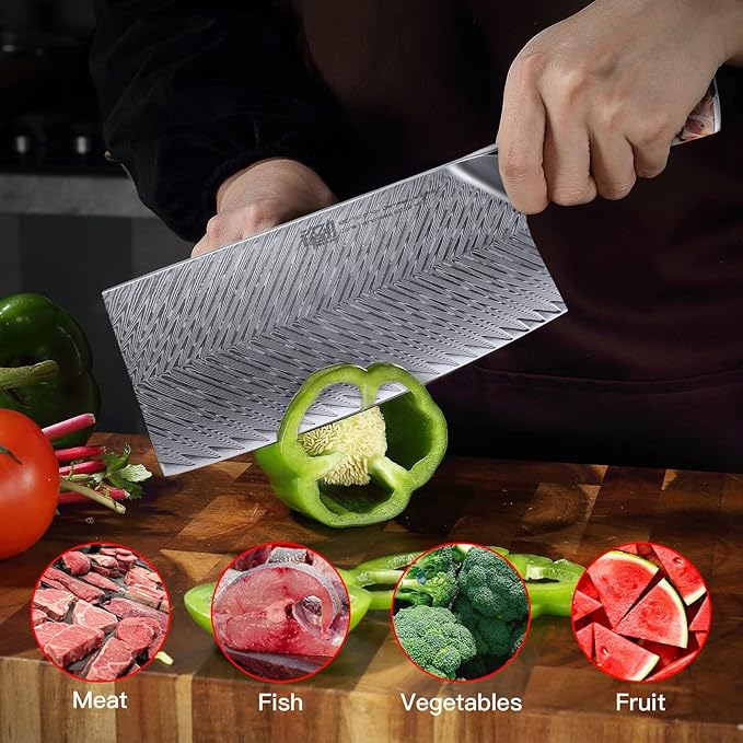 FINDKING Nebula Series Cleaver Knife, Multipurpose Chinese Chef Knife, 10Cr15CoMov Damascus Steel Blade, Resin and Figured Sycamore Handle, Full Tang, 7 Inch, Red, for Meat, Vegetable Shredding