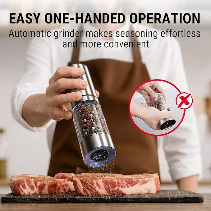 ThermoPro 110ml Electric Salt and Pepper Grinder Set Rechargeable, Automatic Pepper Grinder Shakers with External Adjustment, Refillable Pepper Mill Set with Dust Cover & LED light, Stainless Steel