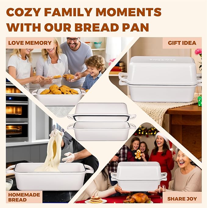 11x5 Inch Cast Iron Bread Loaf Pan With Lid, 5.8 Qt Large Loaf Pan for Sourdough Bread Baking, Heavy Duty Dutch Oven Bread Pan For a Crispy Crus (Cream White)