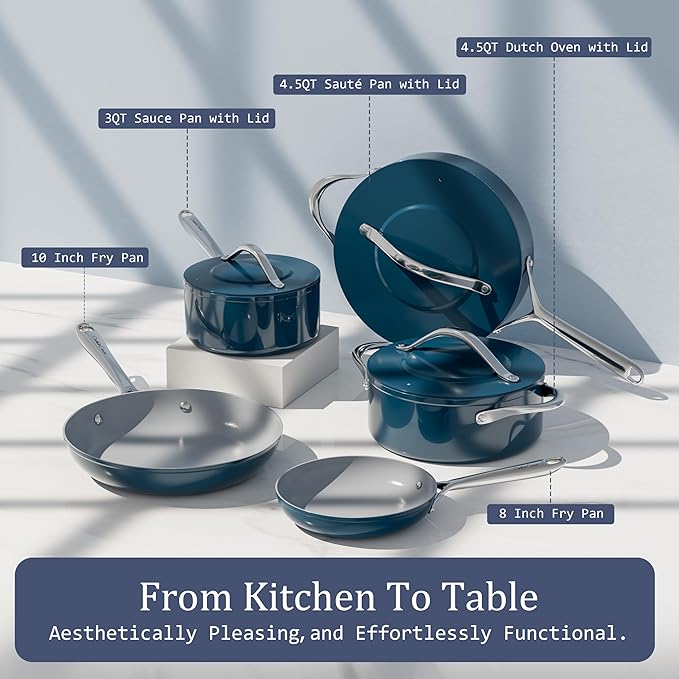 Nonstick Ceramic Frying Pan 10 Inch Induction Compatible - Non Toxic, PTFE/PFOA/PFAS Free, Oven & Dishwasher Safe up to 500ยฐF - Non Stick Small Skillet with Stay-Cool Handle - Navy Blue