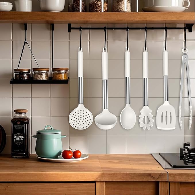 LIANYU Silicone Cooking Utensils Set, 6 Piece Kitchen Cooking Utensils Set, Heat Resistant Kitchen Spatula Gadgets Tools for Nonstick Cookware, Stainless Steel Handle, Dishwasher Safe, White