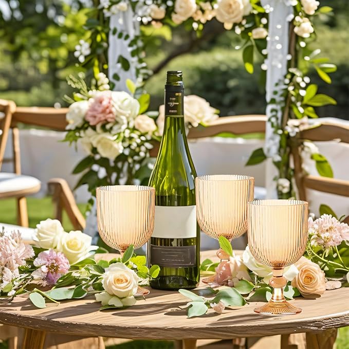 12 Pcs Vintage Wine Glasses, 11 Ounces Colored Glass Water Goblets, Colorful Unique Embossed Pattern High Clear Stemmed Glassware Wedding Party Bar Glass Drinking Cups Vertical Line Amber Set of 12