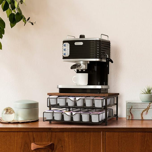 Coffee Pod Drawer Holder Coffee Pod Storage Organizer for Counter 2 Tier Coffee Pod Holder 72 Capacity Capsule Storage Rack with Sliding Baskets for Home Office (Brown)