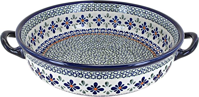 Blue Rose Polish Pottery - Green Mosaic Flower Round Casserole with Handles - 10.25" Diameter - Unique, Dishwasher Safe, & Durable Bakeware