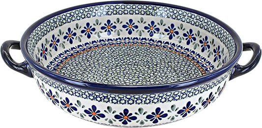 Blue Rose Polish Pottery - Green Mosaic Flower Round Casserole with Handles - 10.25" Diameter - Unique, Dishwasher Safe, & Durable Bakeware