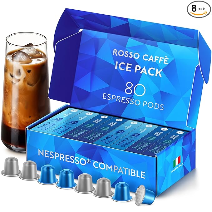 ROSSO CAFFÈ Espresso Coffee Pods for Nespresso Original Machines - 80 Capsules Ice Pack, 2 Rich and Smooth Flavors, Perfect for Iced Summer Coffee - Made in Italy
