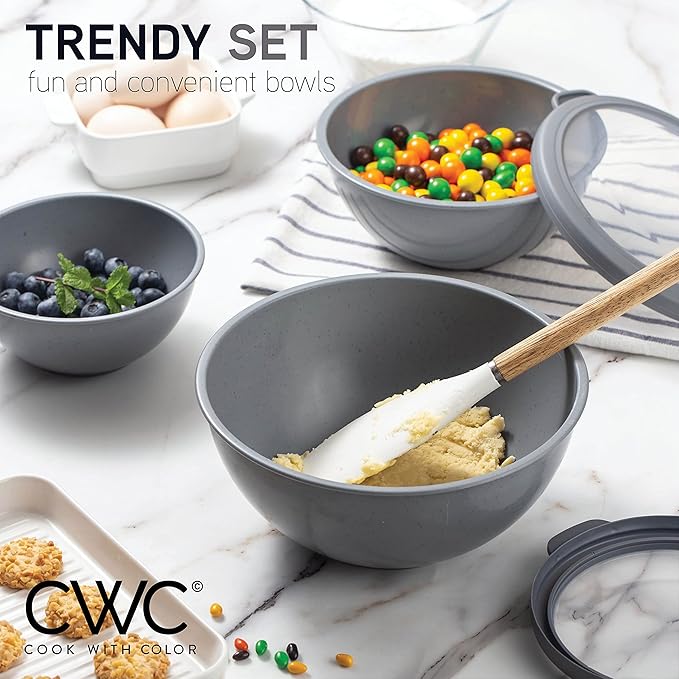 COOK WITH COLOR Mixing Bowls with TPR Lids - 12 Piece Plastic Nesting Bowls Set includes 6 Prep Bowls and 6 Lids, Microwave Safe Mixing Bowl Set (Speckled Charcoal)