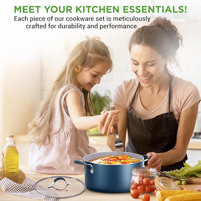 NutriChef Kitchenware Pots & Pans High-Qualified Basic Kitchen Cookware, Non-Stick (14-Piece Set), One Size, Blue