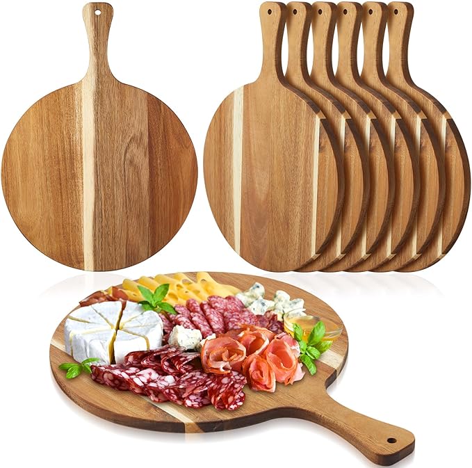Sliner 6 Pcs Acacia Wood Round Cutting Board Bulk 0.6 Inch Thick Charcuterie Board with Handle Large Wooden Chopping Paddle for Cutting Pizza Cheese Meat Fruit(14 x 18.9 Inch)