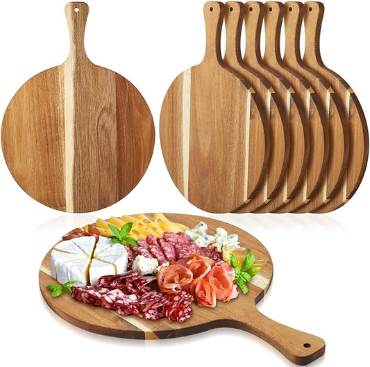 Sliner 6 Pcs Acacia Wood Round Cutting Board Bulk 0.6 Inch Thick Charcuterie Board with Handle Large Wooden Chopping Paddle for Cutting Pizza Cheese Meat Fruit(14 x 18.9 Inch)