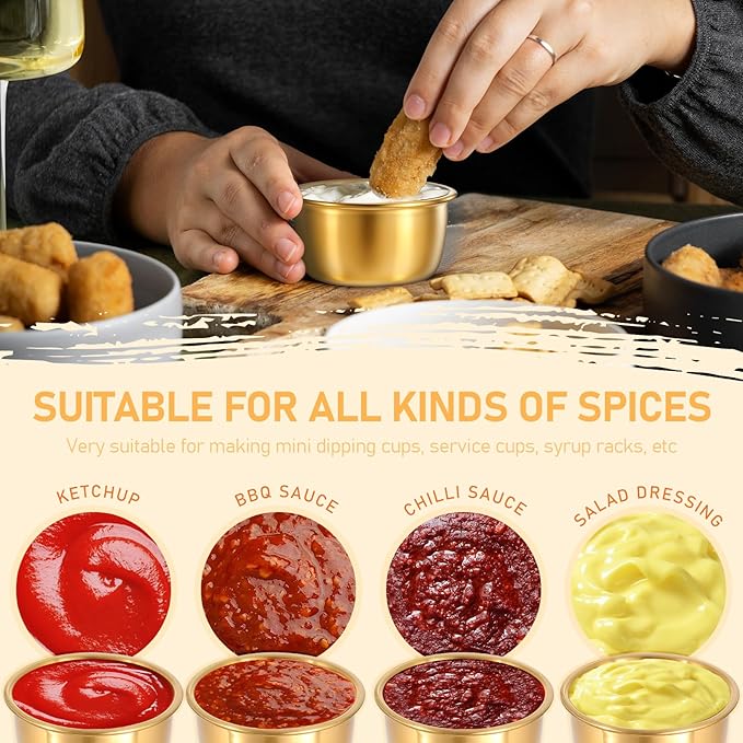12 Pcs Stainless Steel Dipping Sauce Cup Ramekin Sauce Dipping Bowl Mini Saucers Dishes Plates Round Dipping Bowls for Ketchup Dressing Home Party Restaurant Kitchen, Gold, 2 oz
