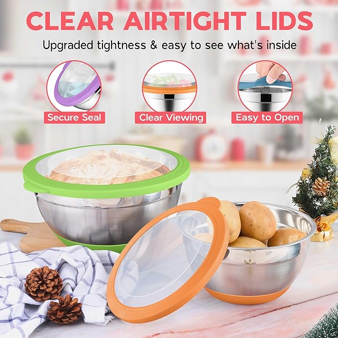 Onader Colorful Mixing Bowl Set of 6 for Kitchen, Large Stainless Steel Metal Nesting Mixing Bowls with Airtight Lids, Non Slip - Size 1, 1.5, 2, 2.6, 3.5, 7QT