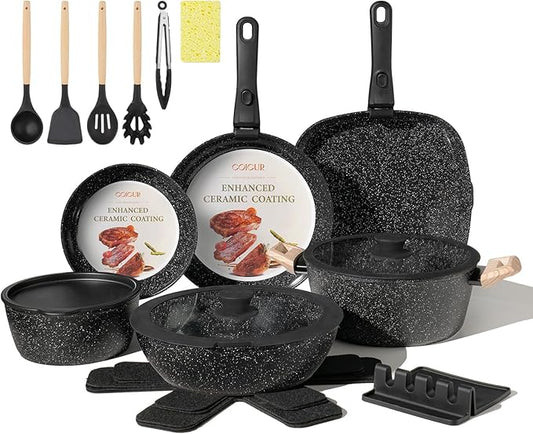 23Pcs Ceramic Cookware Set Non Stick Pots and Pans Set Non Toxic with Detachable Handle Induction Kitchen Cookware Set Space Saving, Oven & Dishwasher Safe, Black
