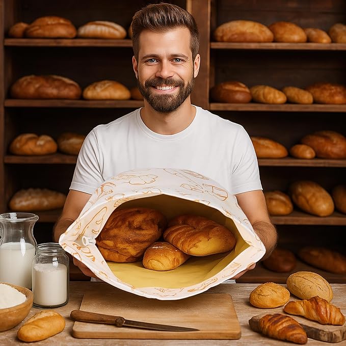 2 Pack Zipper Reusable Beeswax Bread Bag for Sourdough, 12x17in Cotton Linen Food Storage Bags for Homemade Bread, Keep Your Loaf Fresh for Days, Freezer Waxed Sourdough Container, Extra Large