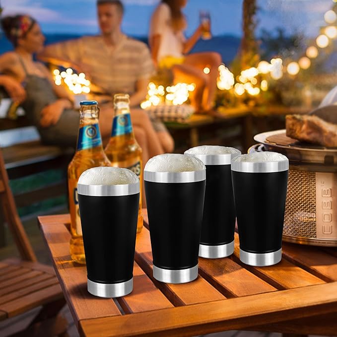 16 oz Insulated Pint Glasses Set of 6, Double Walled Cup Stainless Steel, Cold Drinking Stacking Tumbler, Black, Ideal for Beer Lover, Coffee, Cocktail