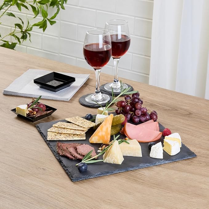 Restaurantware Slate Serving Tray 1 Pack of 12 x 12" Foam Feet Charcuterie Stone Plate Rustic Edges Freezable Black Square Serving Display Cheese Board for Kitchen, Gourmet, Dining, Parties
