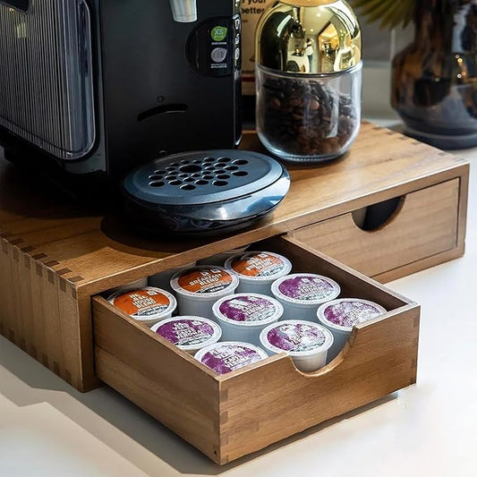 Wooden coffee capsule storage box, coffee machine stand base, kitchen tea set storage, tea set organizer K Pod Dual case Drawer