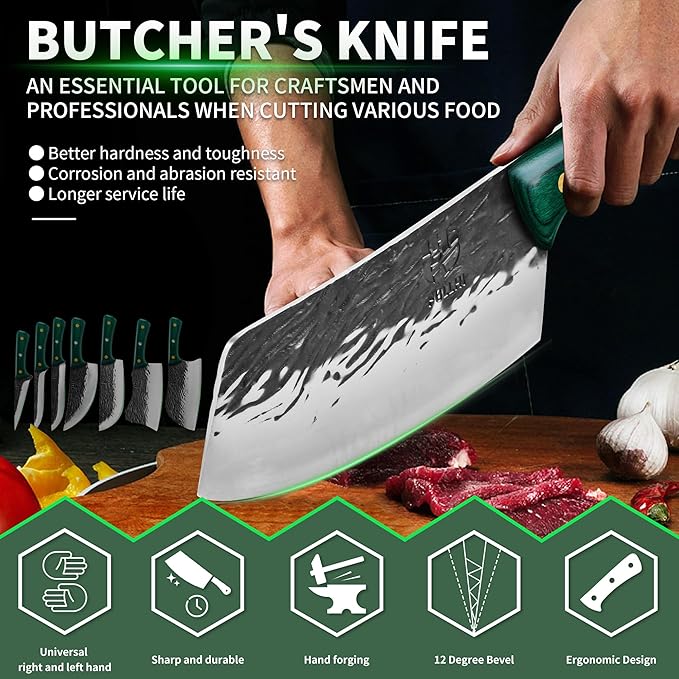 FULLHI Butcher Knife Set with Kitchen Shears, Hand Forged Chef Boning Knife With Scissors High Carbon Steel For Kitchen, Camping, BBQ