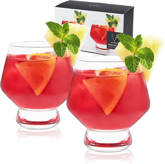 Viski Raye Footed Crystal Punch Cups Set of 2 - Premium Crystal Clear Glass, Stemless Heavy Base Punch Cocktail Glass Gift Set, 8 oz