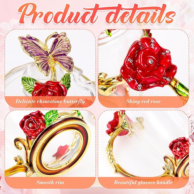 Nuanchu 4 Sets Flower Glass Tea Cups with Lids and Spoon Butterfly Vintage Glass Coffee Mugs Floral Fancy Clear Teacup for Christmas Women Mom Wife Girlfriend(Pink, Purple, Blue, Red,12 oz)