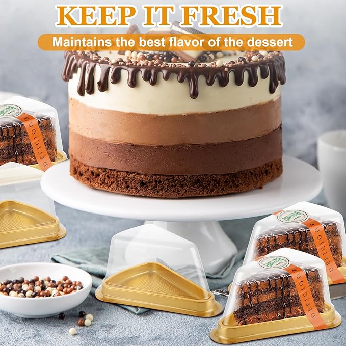 100Pcs Individual Cake Slice Containers, Pie Slice Containers Disposable, Cheesecake Container with Lid Sticker and Fork, Clear Triangle Cake Boxes for Pies Snack Dessert, Gold