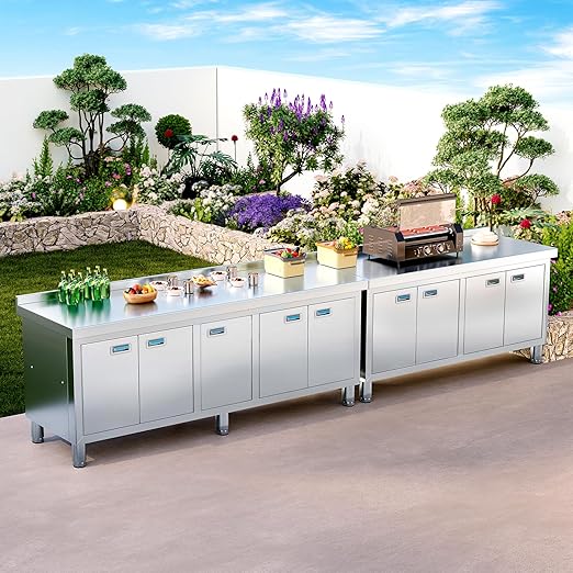 WWK 59" x 21" Stainless Steel Prep Table with Cabinet, Commercial Kitchen Table for Prep & Work, Heavy Duty Work Table with 4 Doors for Kitchen, Restaurant, Hotel, Garage and Cafe