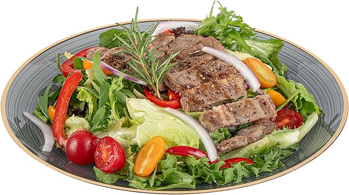 Restaurantware Plastic Plates 20 Pcs 10" Gold Rimmed Disposable Plates Heavy-Duty Black Translucent Rippled Plastic Dinner Servers for Party, Weddings, Salads, Desserts, and Appetizers