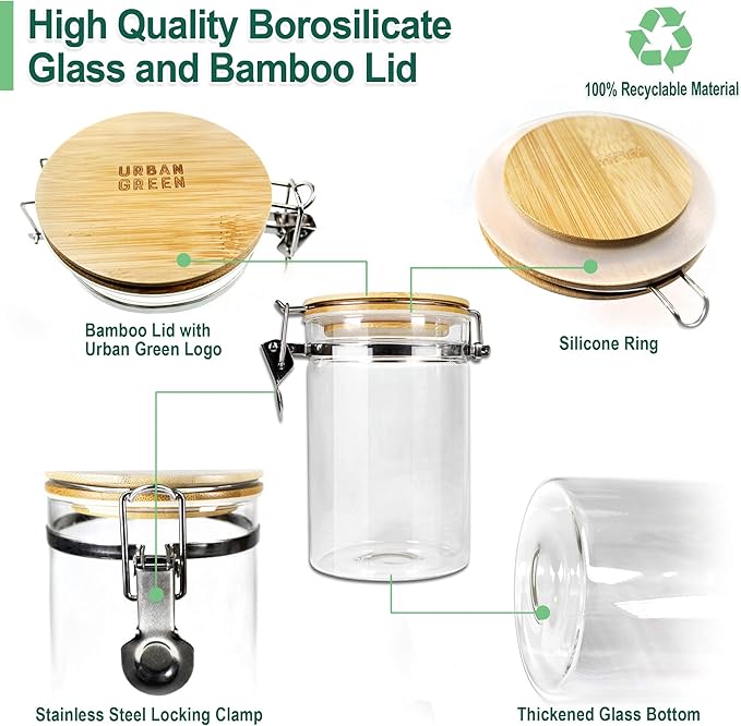 Urban Green Borosilicate Glass Storage Jars with Airtight Locking Clamp Lids, Airtight Canister Set,Coffee Set of 3 with Spoon (50oz, 24oz, 18oz), Storage Containers with Bamboo Lid