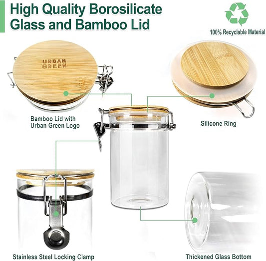 Urban Green Borosilicate Glass Storage Jars with Airtight Locking Clamp Lids, Airtight Canister Set,Coffee Set of 3 with Spoon (50oz, 24oz, 18oz), Storage Containers with Bamboo Lid