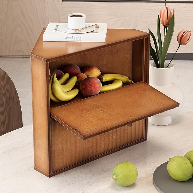 Corner Bread Box for Kitchen Countertop Bamboo Two Layer Large Capacity Bread Storage Bin Vintage Storage for Homemade Bread (Brown)