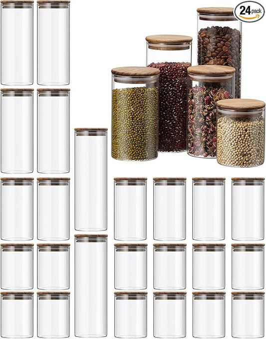 24 Pcs Glass Storage Jar with Acacia Wooden Lid, 4 Sizes Food Storage Container Clear Stackable Canister Airtight Glass Jar for Candy Cookie Rice Sugar Pasta 3.4''x4'', 6'', 7.9'', 9.8''