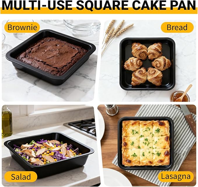 2 Pack Square Cake Pan, 8 Inch Non Stick Square Baking Pan for Cake Brownie Lasagna, Non-Toxic & Rust-resistant, Dishwasher Safe & Easy Clean, Send Goods from Local Warehouse