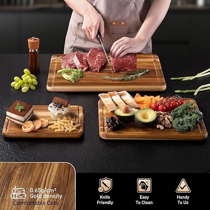 Teak Wood Cutting Board Set for Kitchen High-End Non Toxic Non Slip Over Sink Solid Thick Wood Haus Chopping Board Extra Large Big Small Best Kitchen Essential House Warming Hostess Host Gift